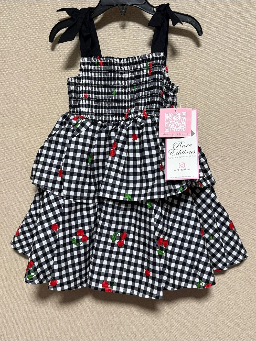 NWT Rare Editions Girls Gingham Cherry Dress Size 3T Bows Smocked Black White
